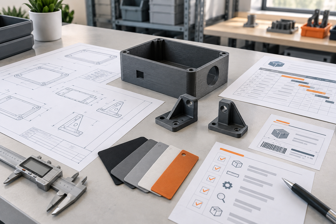 Generic 3D printed enclosure and brackets beside a controlled drawing, material samples, calipers, inspection checklist, packaging label, and release schedule