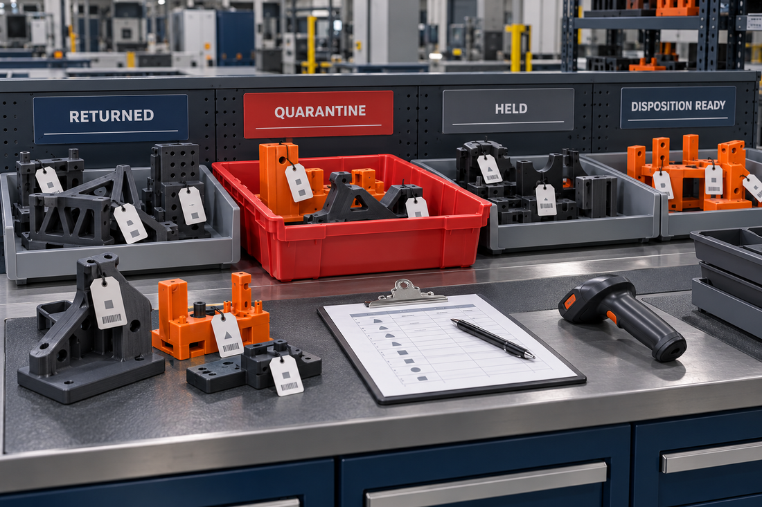 Returned 3D printed production fixtures separated into returned, quarantine, held, and disposition-ready states at a controlled tool crib