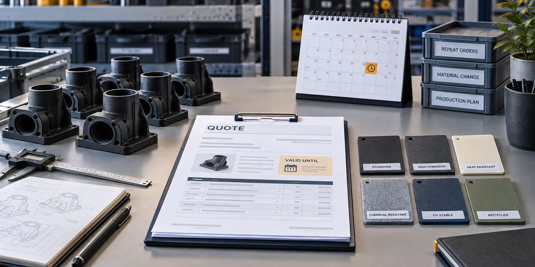Repeat 3D printing quote review with expiration calendar, material samples, controlled drawing, inspection tools, and production parts
