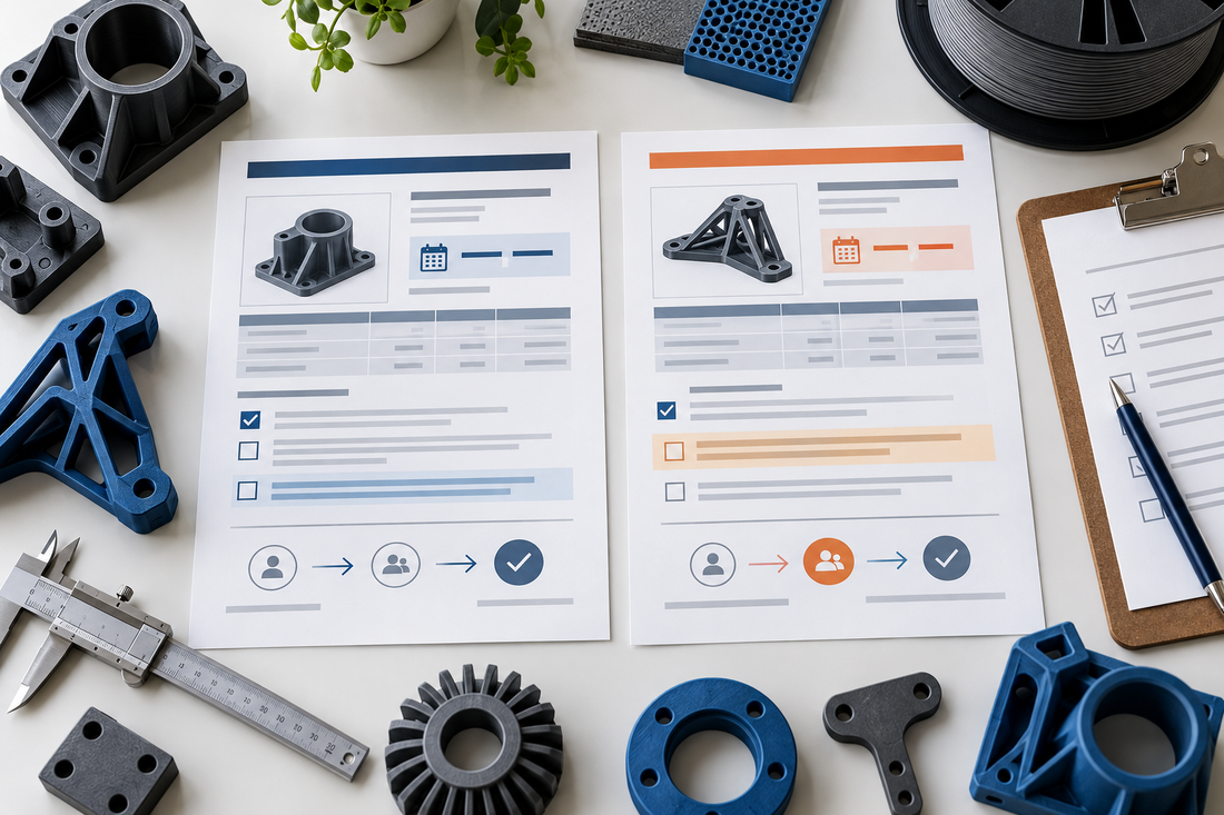 Side-by-side production 3D printing quotes with different validity periods, assumptions, and price-change approval paths beside generic printed parts