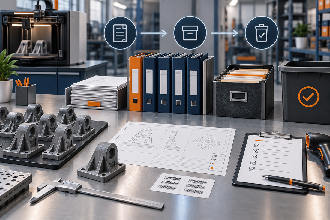 Repeat 3D printed parts beside controlled production records, archive folders, inspection checks, and approved disposition workflow