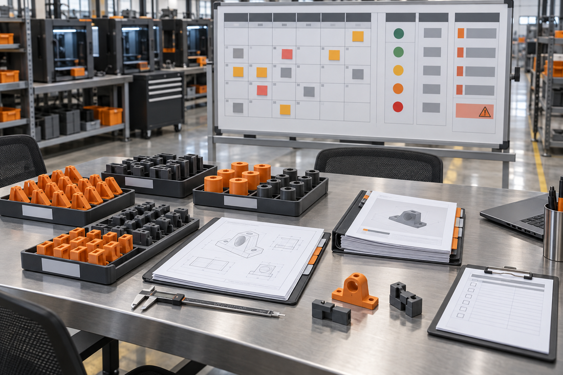 Recurring 3D printing program review with generic production parts, release packets, inspection checklist, and an operating cadence board