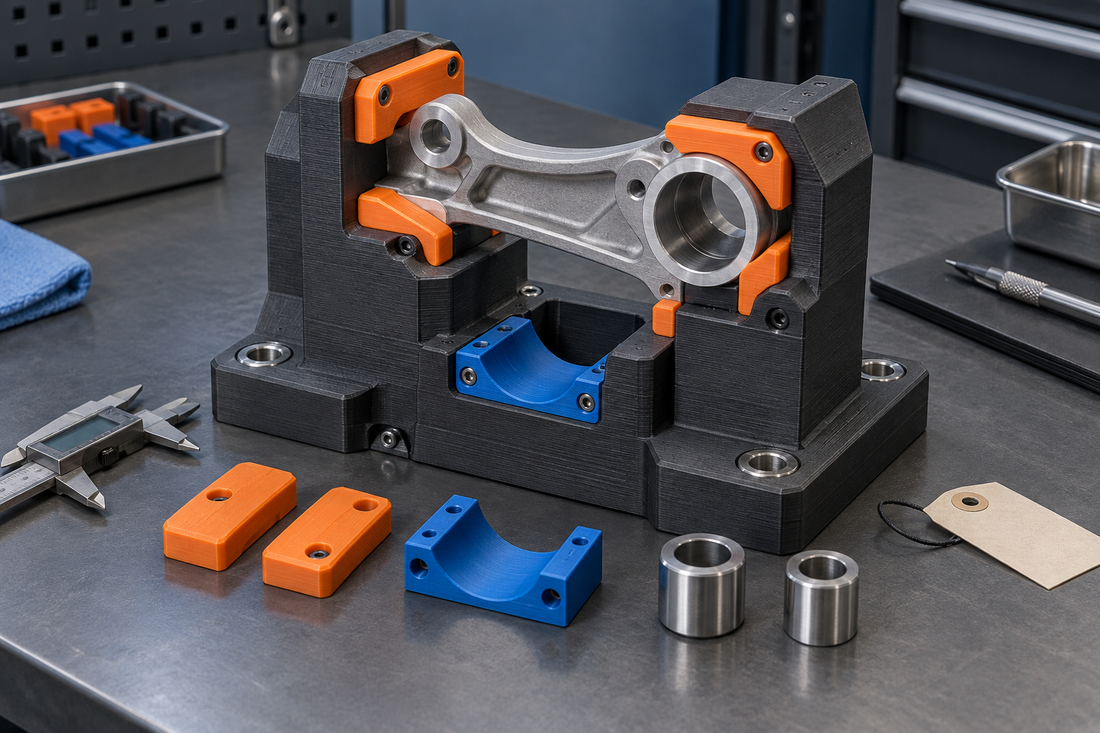 Modular dark 3D printed fixture with orange sacrificial wear pads, blue replaceable liner, and removable metal bushings on an inspection bench