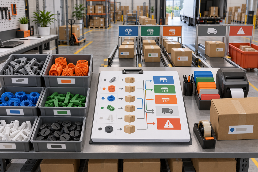 Controlled retail routing guide handoff connecting distinct 3D printed product SKUs to labeled cartons, retailer lanes, carrier release, and an exception hold