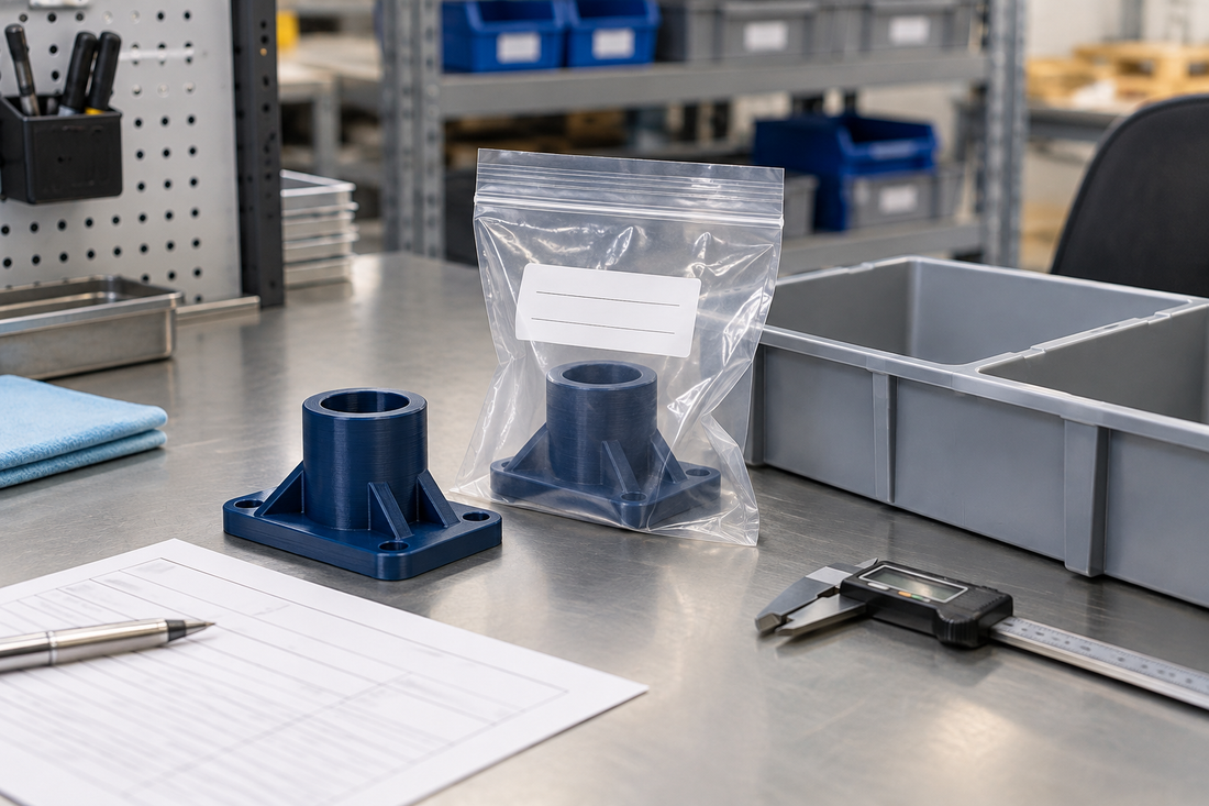 Matching blue 3D printed production parts with one sealed as a retained sample beside a storage tray and inspection tools