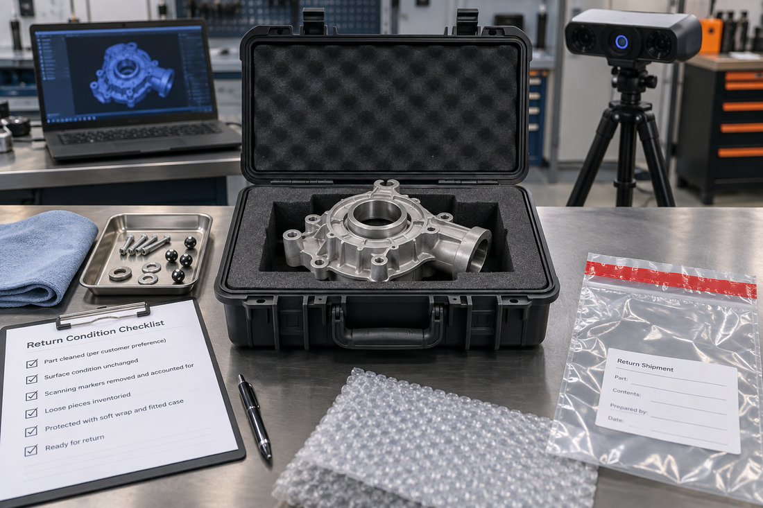 Customer-owned mechanical part packed in a fitted case after scanning with loose pieces, protective wrap, and return-condition documentation