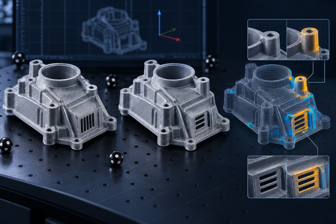 Baseline and revised industrial housing scans aligned for localized change review at a mounting boss and vent region