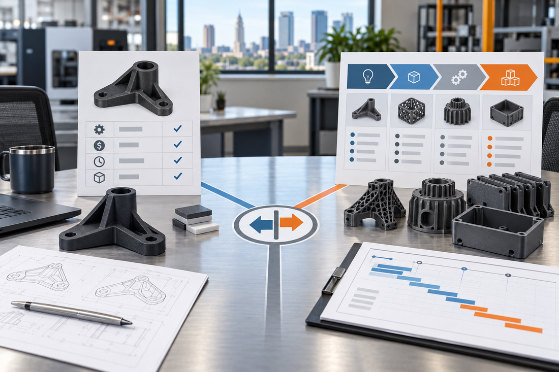 Production 3D printing sourcing decision with a defined-part quote path and a complex program proposal path