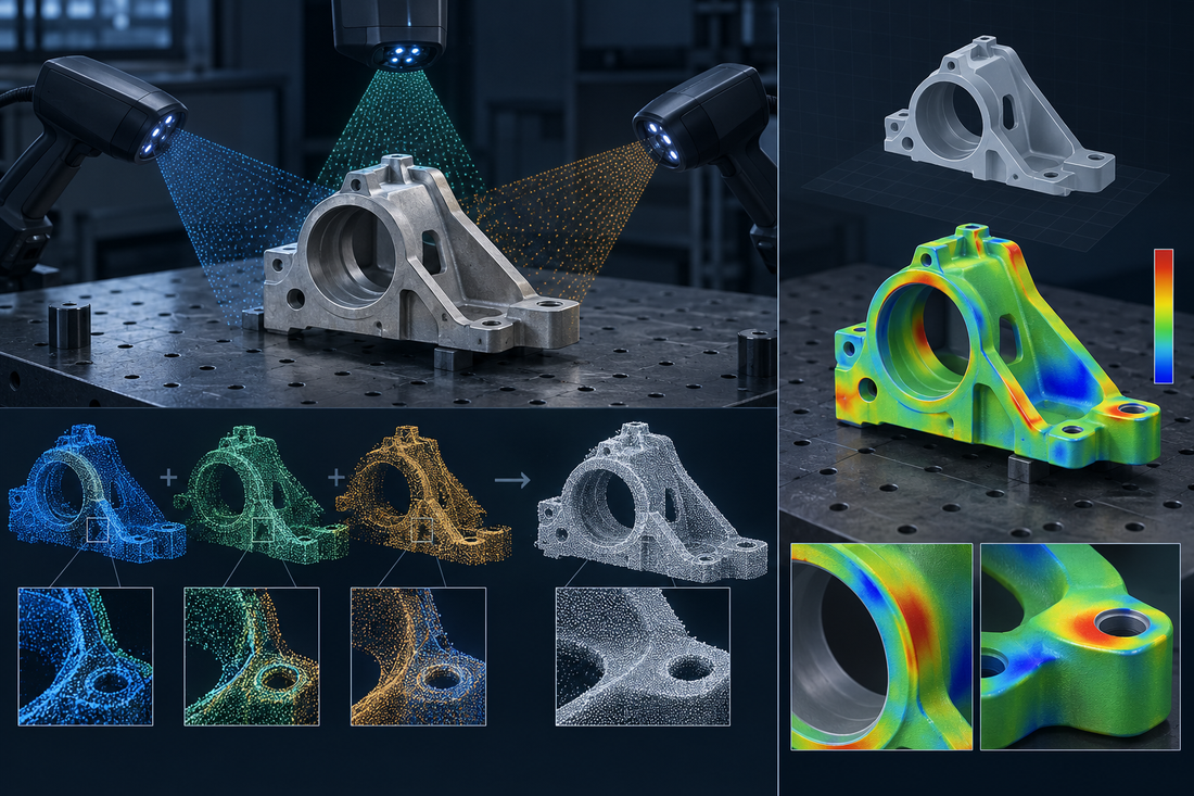 Multiple 3D scan positions being registered into one mesh beside a separate CAD deviation comparison