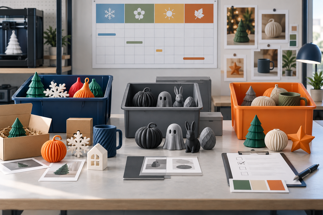 Seasonal 3D printed product SKUs separated into active, retired, and reactivation-review groups with packaging and approval records