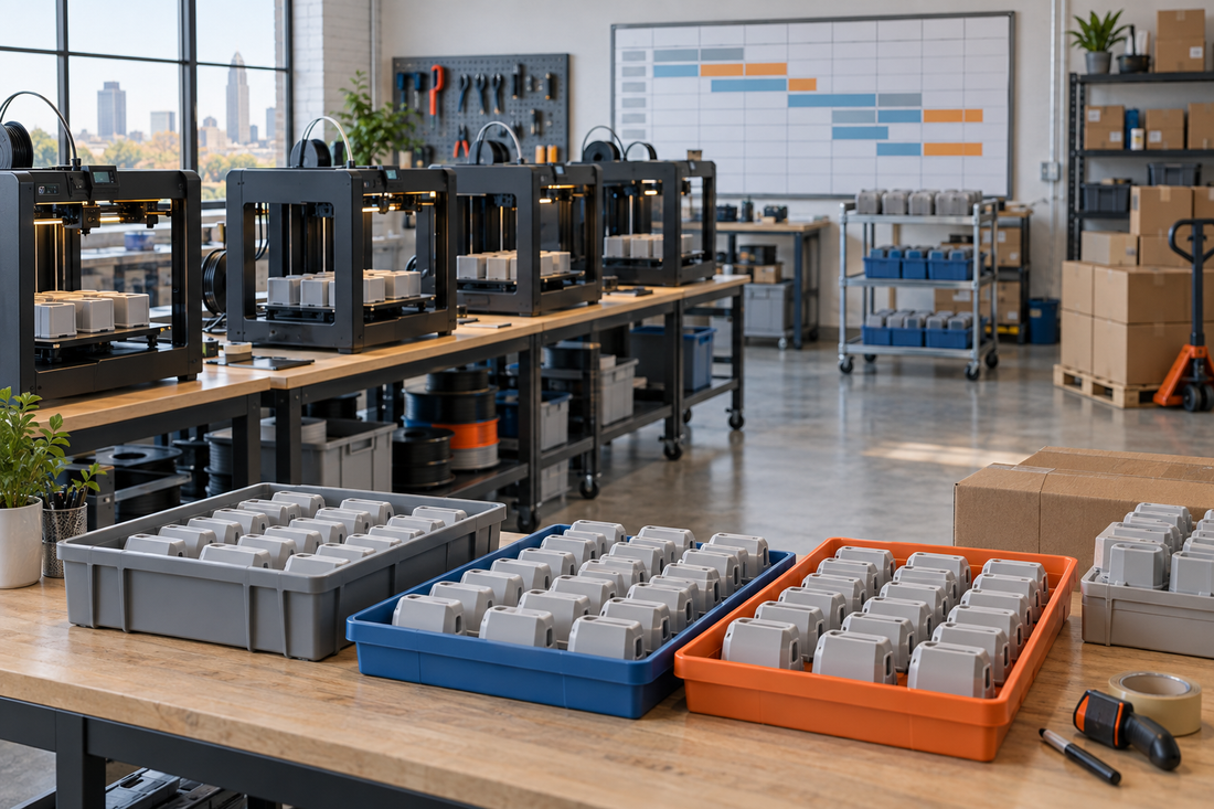 Organized FDM production cells, repeated generic housings, staging trays, and an abstract seasonal capacity ramp plan