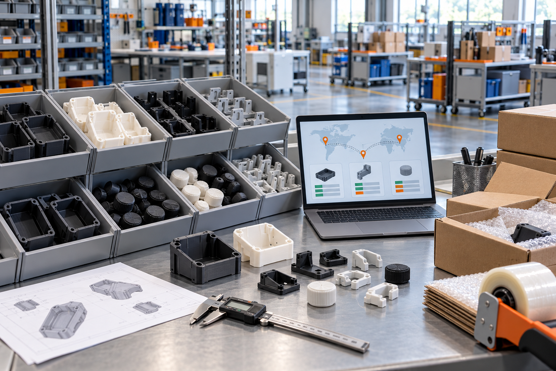 Illustrative service depot replenishment workflow with generic 3D printed replacement parts in controlled bins, inspection tools, packaging, and a multi-depot inventory view
