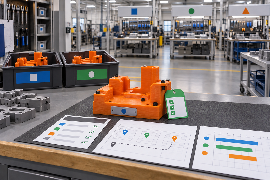 Orange 3D printed assembly fixture managed with color-coded condition, location, reservation, and production-line allocation controls