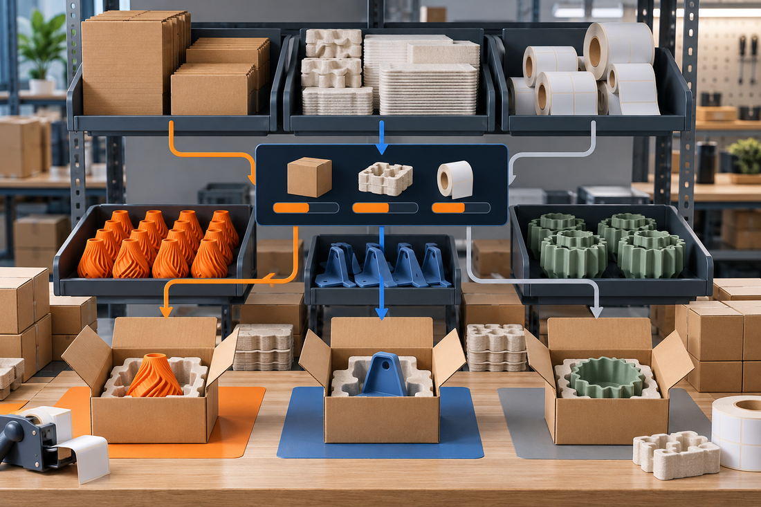 Shared cartons, protective inserts, and label rolls allocated from common inventory into three distinct 3D printed product SKU packs