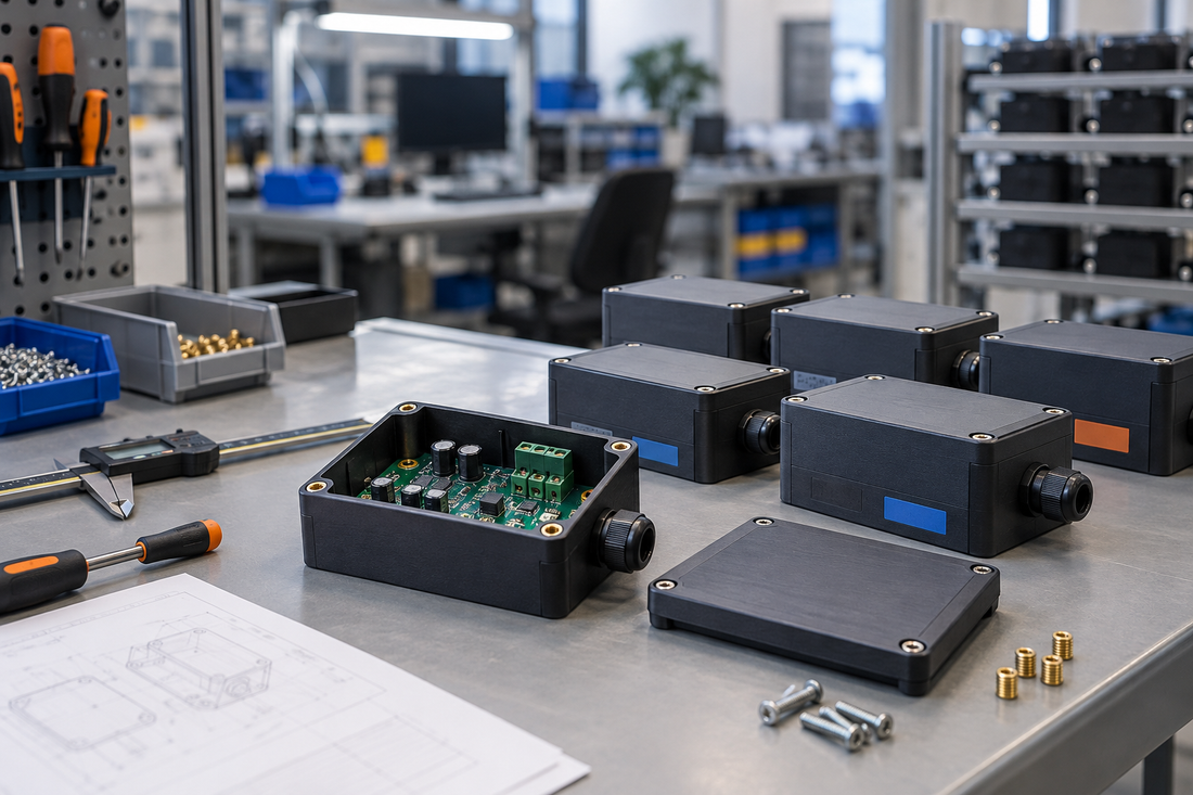 Replacement electronics and control housings arranged with a source enclosure, PCB interface model, controlled drawing, calipers, fasteners, and labeled repeat parts