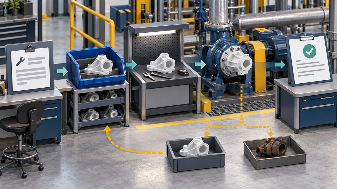 Generic 3D printed maintenance spare traced from an approved work order through reservation, inspection, installation, return, and closeout