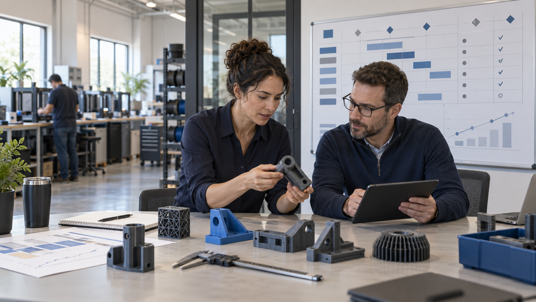 Procurement and operations team reviewing a supplier development plan with generic 3D printed parts, milestones, and inspection tools