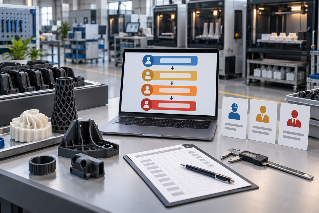 Production 3D printing supplier escalation workflow with generic parts, contact roles, action log, and inspection tools