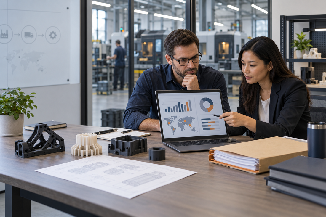 Procurement manager and manufacturing engineer reviewing supplier-risk indicators beside generic 3D printed production parts