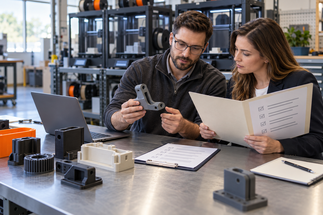 Engineer and procurement professional reviewing a supplier-risk checklist beside 3D printed production parts