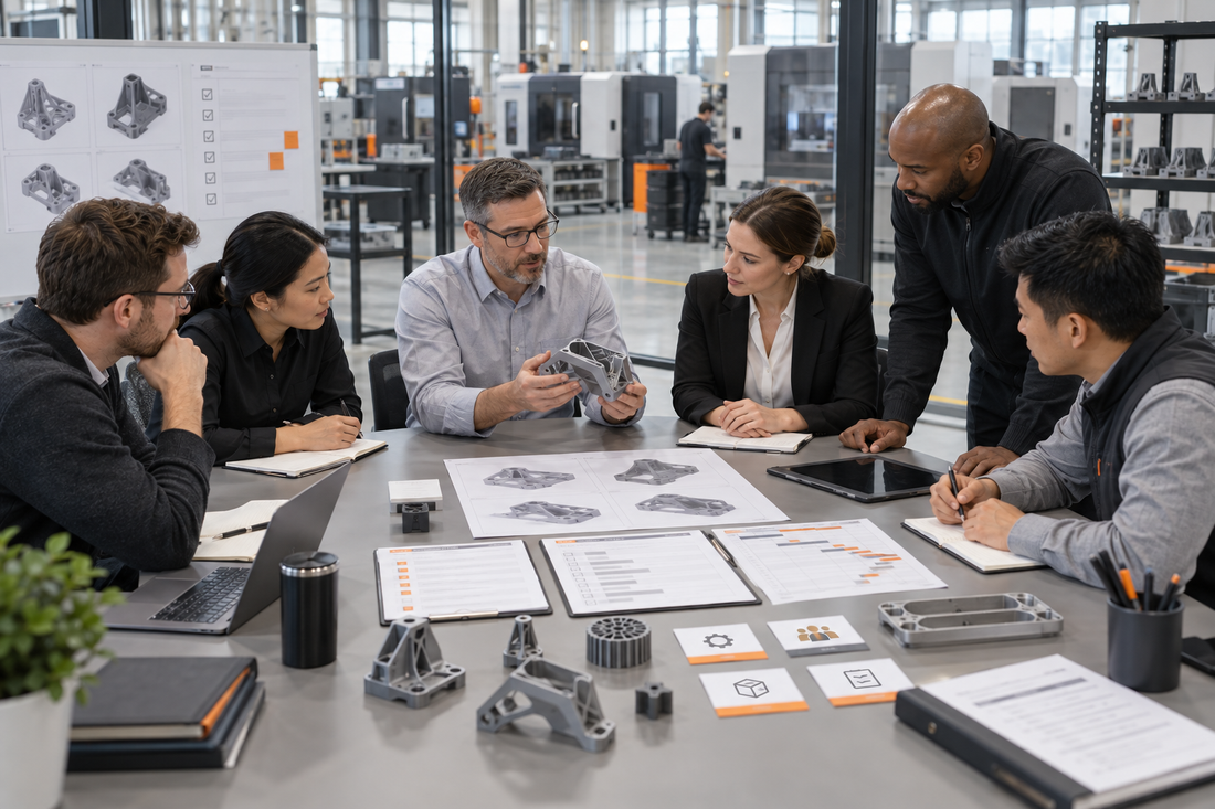 Cross-functional team reviewing a generic 3D printed part, production scope, responsibilities, timeline, and action log at a supplier kickoff meeting