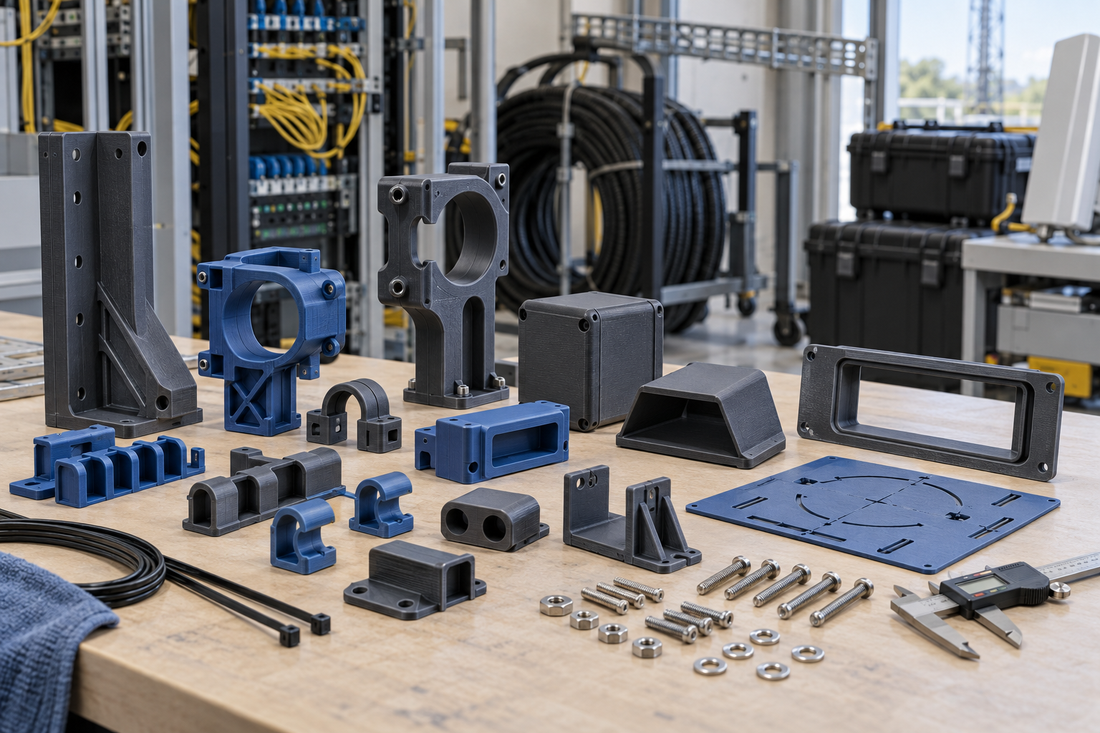 Low-volume printed telecom brackets, cable guides, covers, bezels, alignment templates, and site-kit components under inspection
