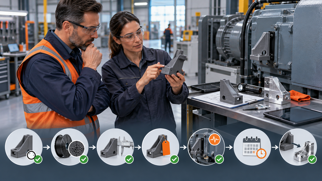 Maintenance engineer and operations lead reviewing a labeled temporary 3D printed equipment bracket with inspection and time-limited replacement steps