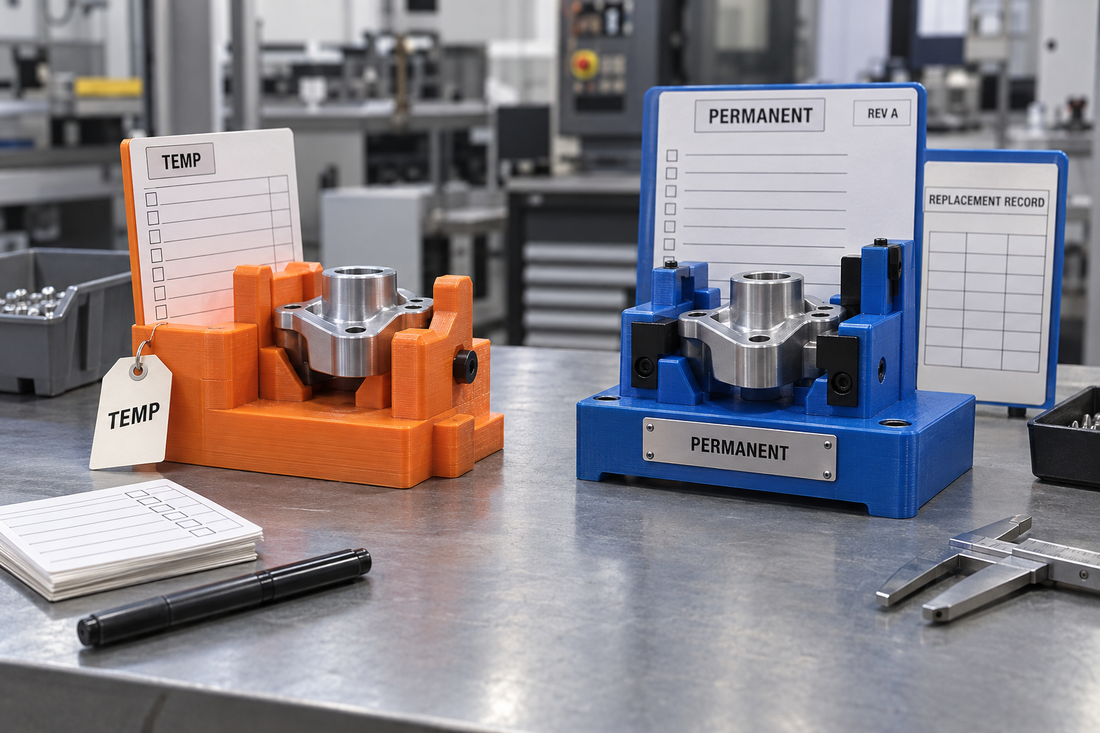 Orange temporary and blue permanent 3D printed production fixtures with separate approval and replacement records on an industrial workbench