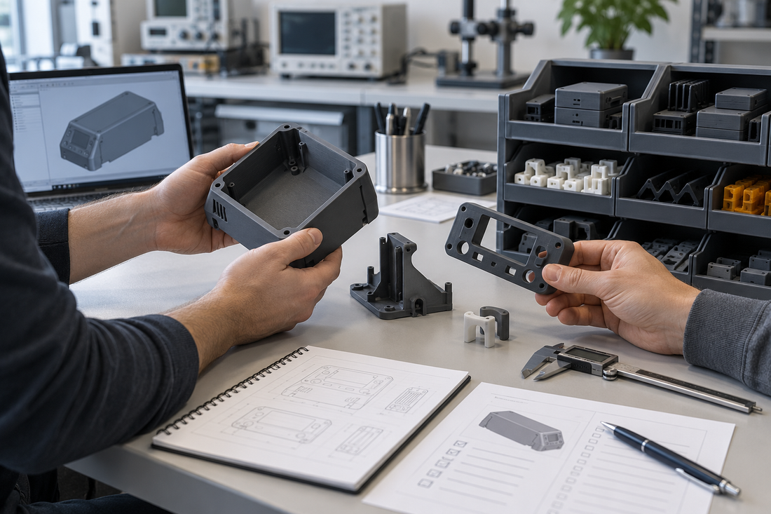 Test-and-measurement equipment team reviewing generic 3D printed housings, bezels, brackets, drawings, and service-part bins