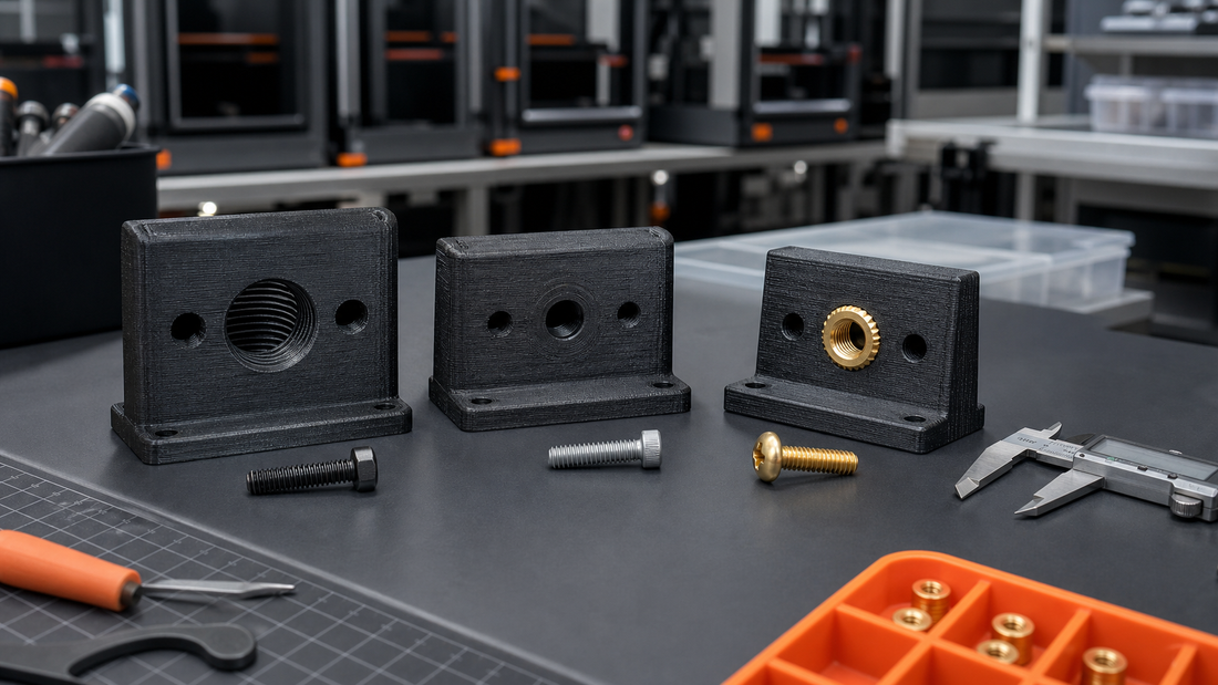 Production engineering comparison of direct-printed threads, a tapped FDM hole, and a brass threaded insert