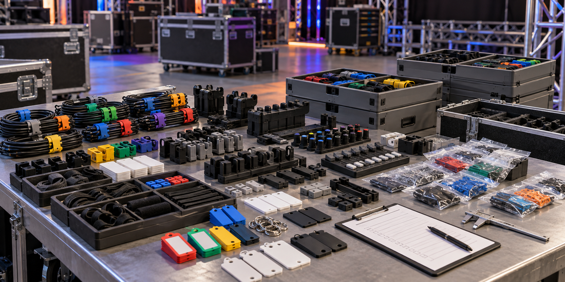 Touring and event accessory kits with 3D printed cable holders, case organizers, exhibit hardware, tags, and venue-specific spare packs