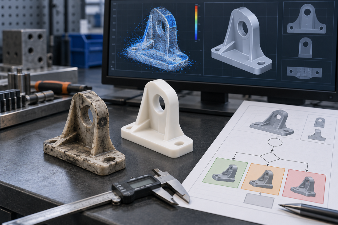 Worn legacy component compared with nominal CAD, a clean replacement reference, measurement tools, and a documented wear-allowance decision workflow