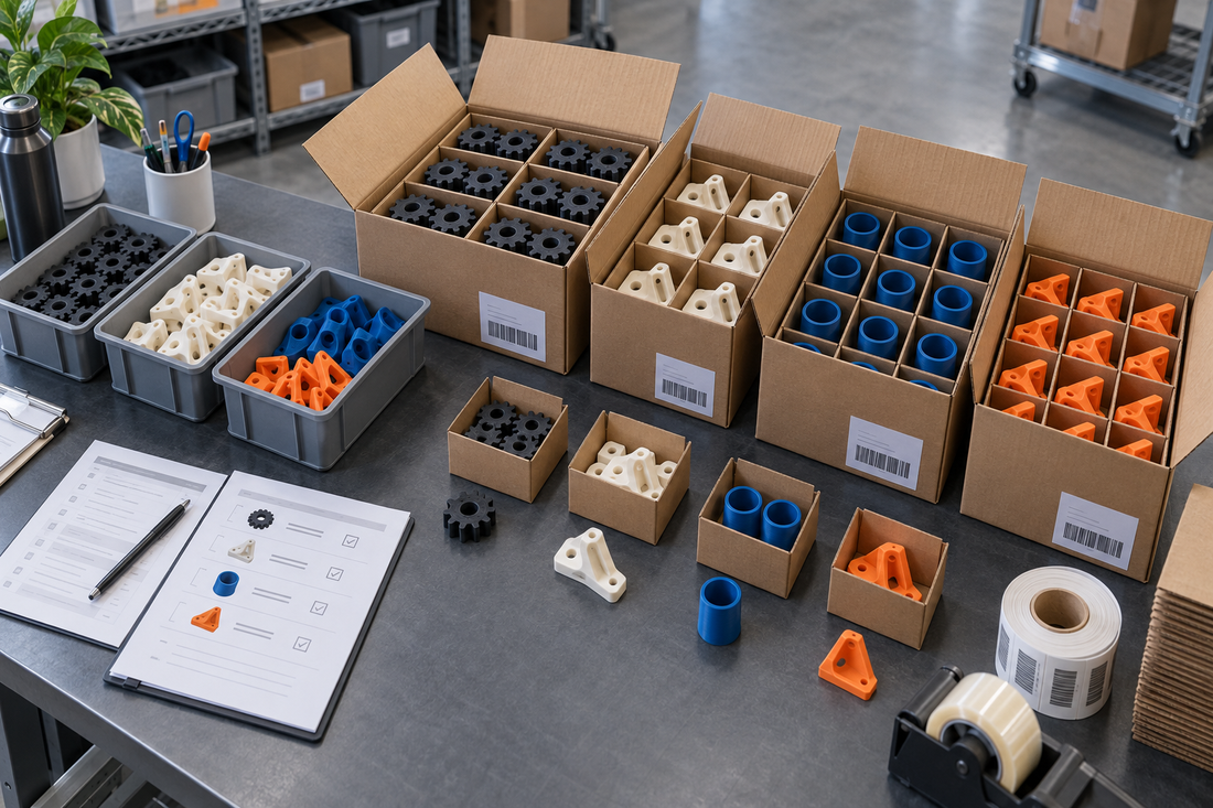 Multiple 3D printed product SKUs separated into approved inner packs and labeled wholesale master cartons