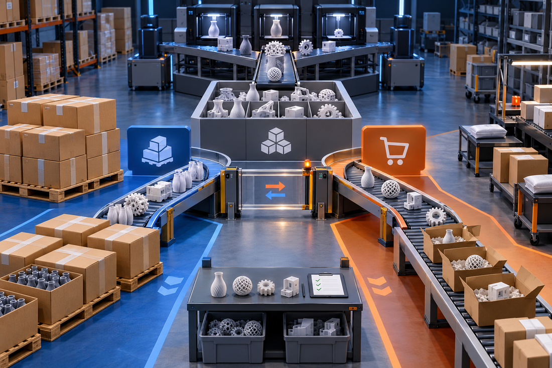 Shared 3D printed product inventory branching through a controlled transfer gate into wholesale carton and direct-to-consumer parcel allocations