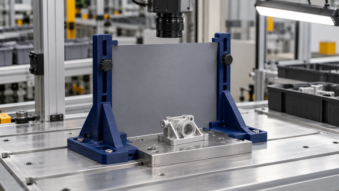 Generic 3D printed adjustable holder positioning a matte gray background panel behind a machined part at a machine vision inspection station
