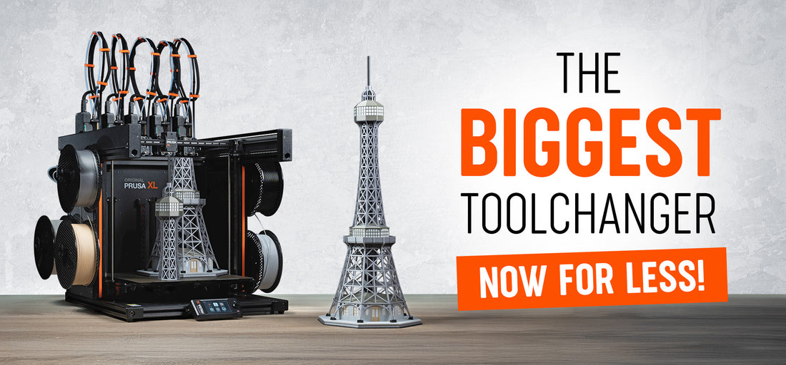 Original Prusa XL five-toolhead 3D printer producing Eiffel Tower models in official Prusa media