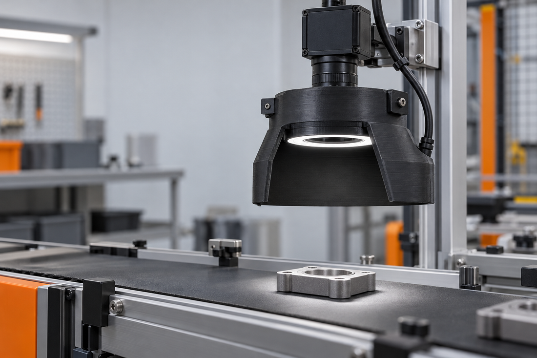 Generic machine-vision inspection camera with a matte black 3D printed light shield above a factory inspection station