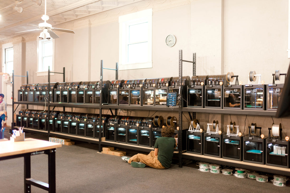 Rows of production 3D printers used to plan repeat jigs and fixtures at JC Print Farm in Central Ohio