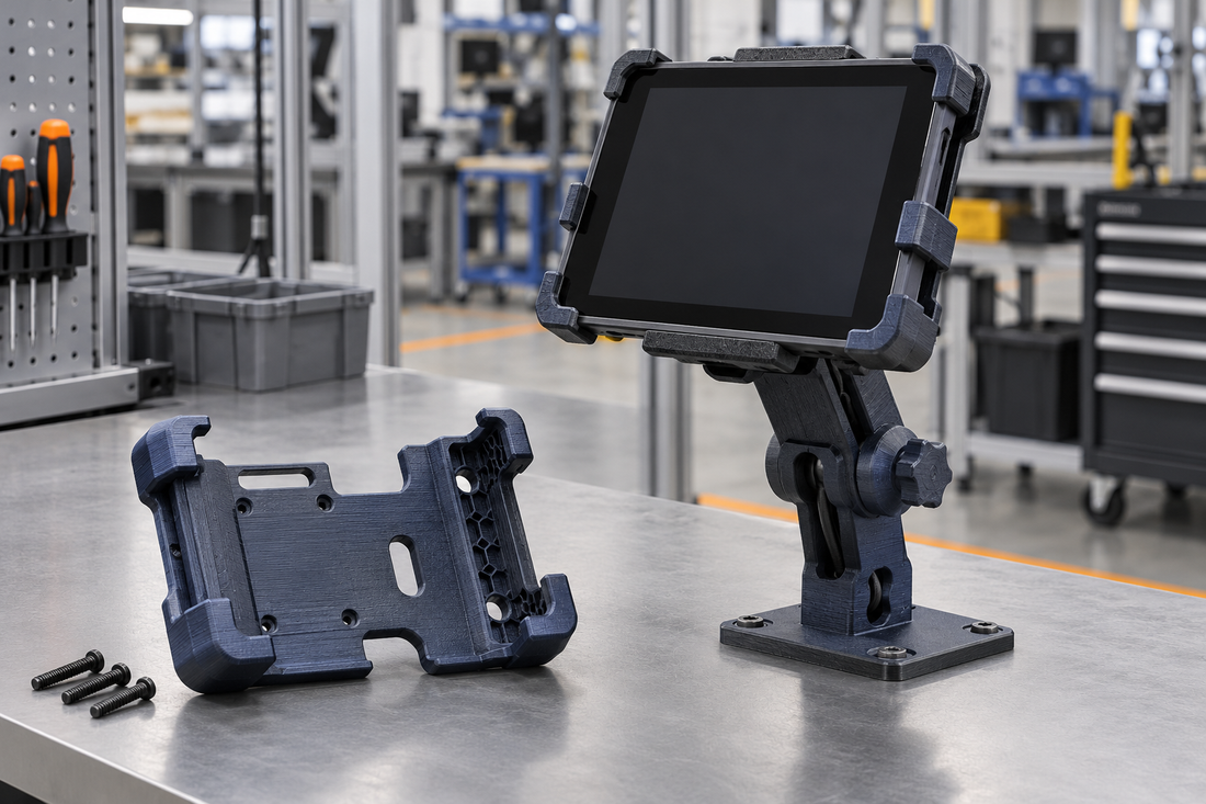 Generic production tablet terminal in a 3D printed workstation mount beside an uninstalled cradle for engineering review