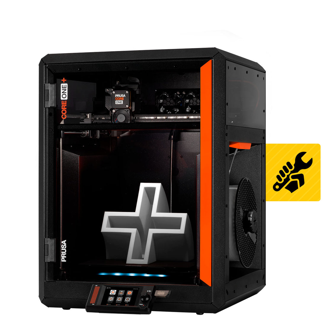 Prusa CORE One+ Gen 2 enclosed 3D printer shown from the front in official product media