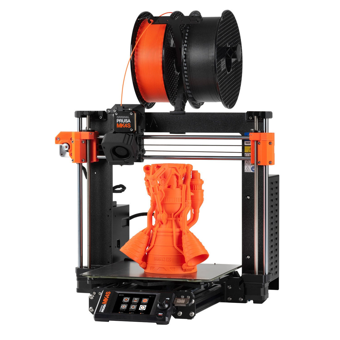 Original Prusa MK4S open-frame 3D printer producing an orange model in official product media