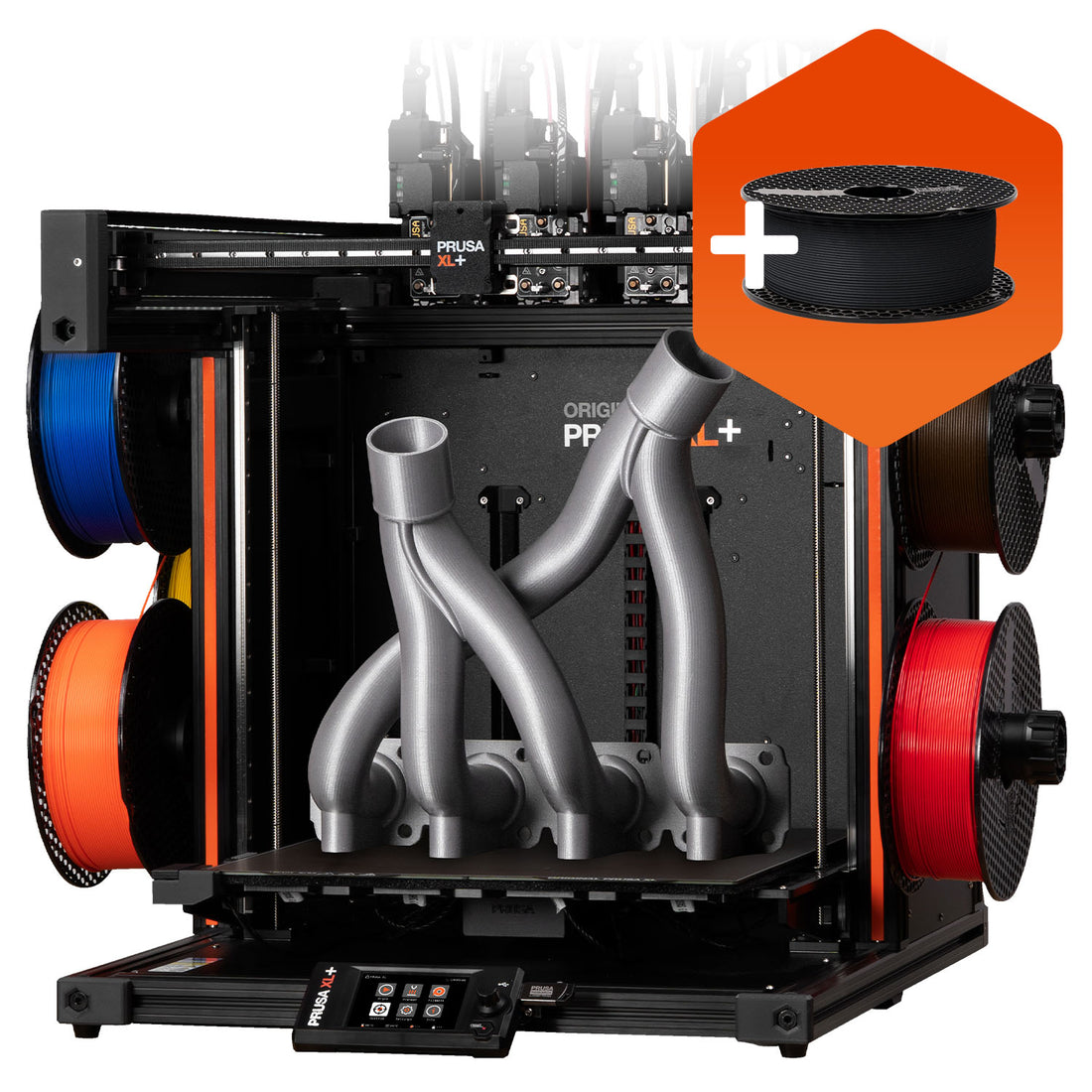 Prusa XL+ five-head toolchanger 3D printer with five filament spools and a large multi-part print in official product media