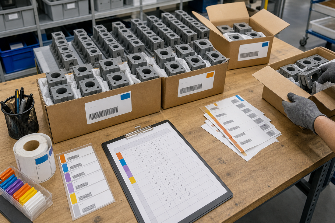 Bulk 3D printed parts divided into labeled cartons for controlled multi-location shipments