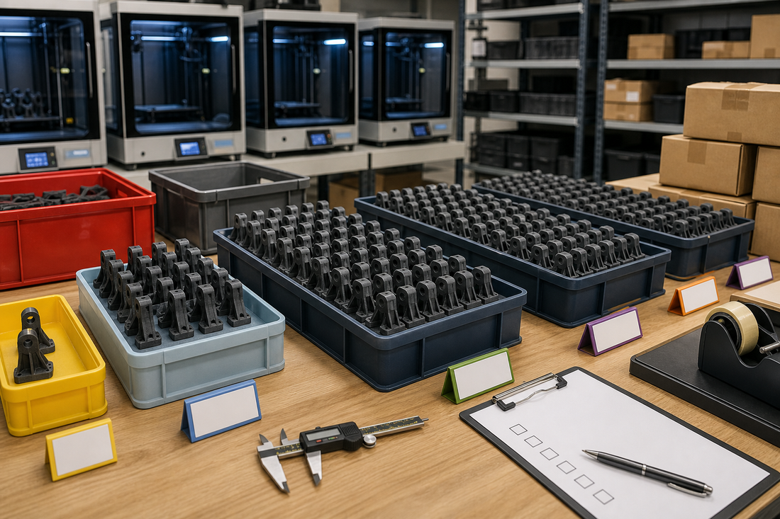 Staged trays of identical 3D printed parts arranged as first article, pilot, production, and shipment waves