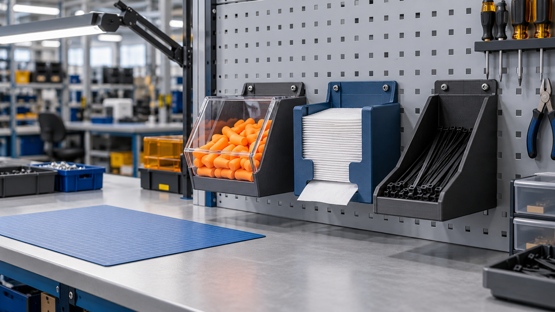 Generic 3D printed workstation dispensers holding earplugs, clean wipes, and cable ties on an industrial pegboard